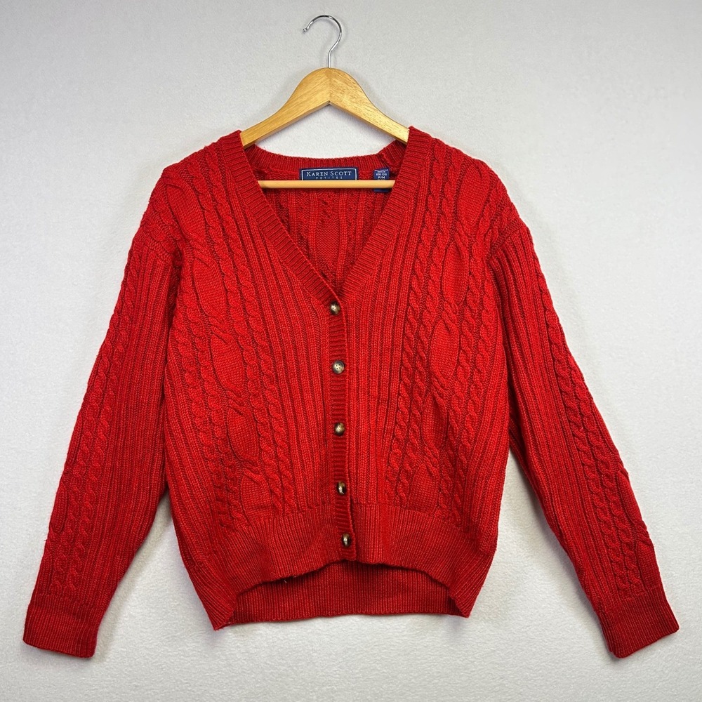 Karen Scott‎ Vintage Petites Red Cable Knit Button Front Cardigan Women's Size M